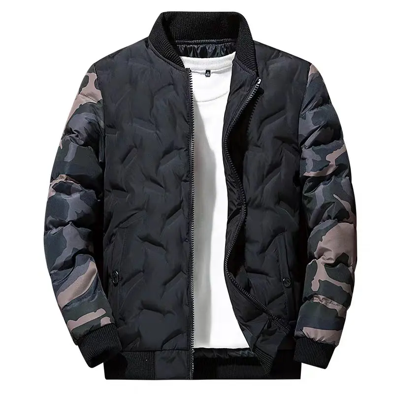 Men's Casual Short Camouflage Streetwear Puffer Jacket - Japanese-Style Cropped Baseball Bomber with Pockets, Ribbed Hem | Menswear Fashion Top, Tops, Coats, Print, Fabric, Classic, Water Resistant, Front Zipper, Side Pockets, Quilted Panels, Long Sleeve,