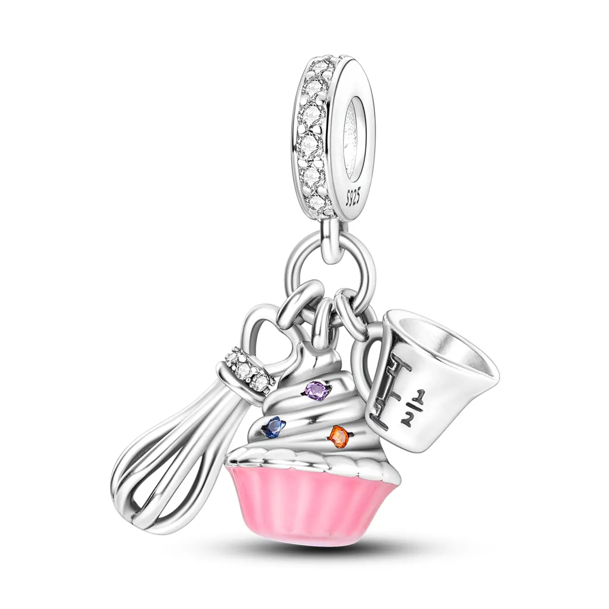 MULA 925 Silver-plated baking jewelry | Whisk and measuring cup pendant | Colorful enamel and shiny zircon | Suitable for Pandora bracelets and necklaces | Perfect gift for bakers and dessert lovers