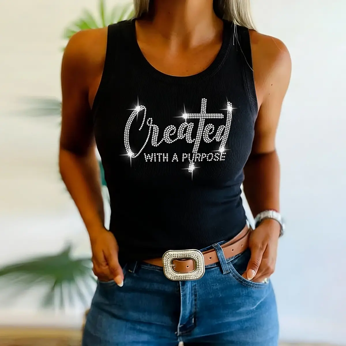 CHICME Women's Rhinestone Letter Pattern Ribbed Tank Top Slim Fit Sleeveless Top Y2K Aesthetic Streetwear Vest