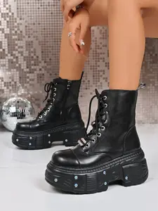 Women's Rivet Decorated Thick Sole Boots, Round Toe Chunky Heel, Dark Punk Style, Fall Winter, Comfortable and Stylish, Gothic Platform Boots