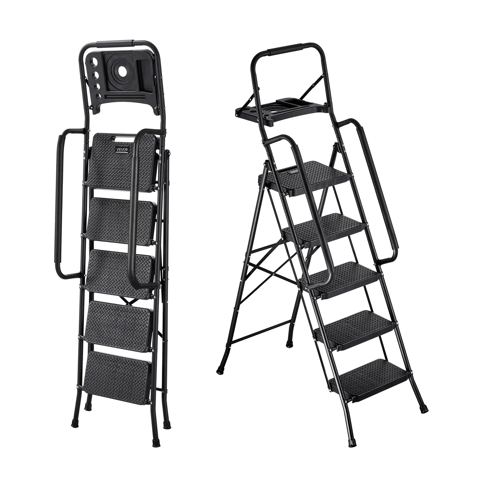 【SummerFinds】VEVOR 5-Step Sturdy Portable Steel Ladder, Folding Step Stool with Wide Anti-Slip Pedals, Tool Tray, Dual-Side Handrails, 600 lbs Capacity, Multi-Use for Home, Office, Kitchen, Black, Sturdy Portable Ladder, Step Folding Steps