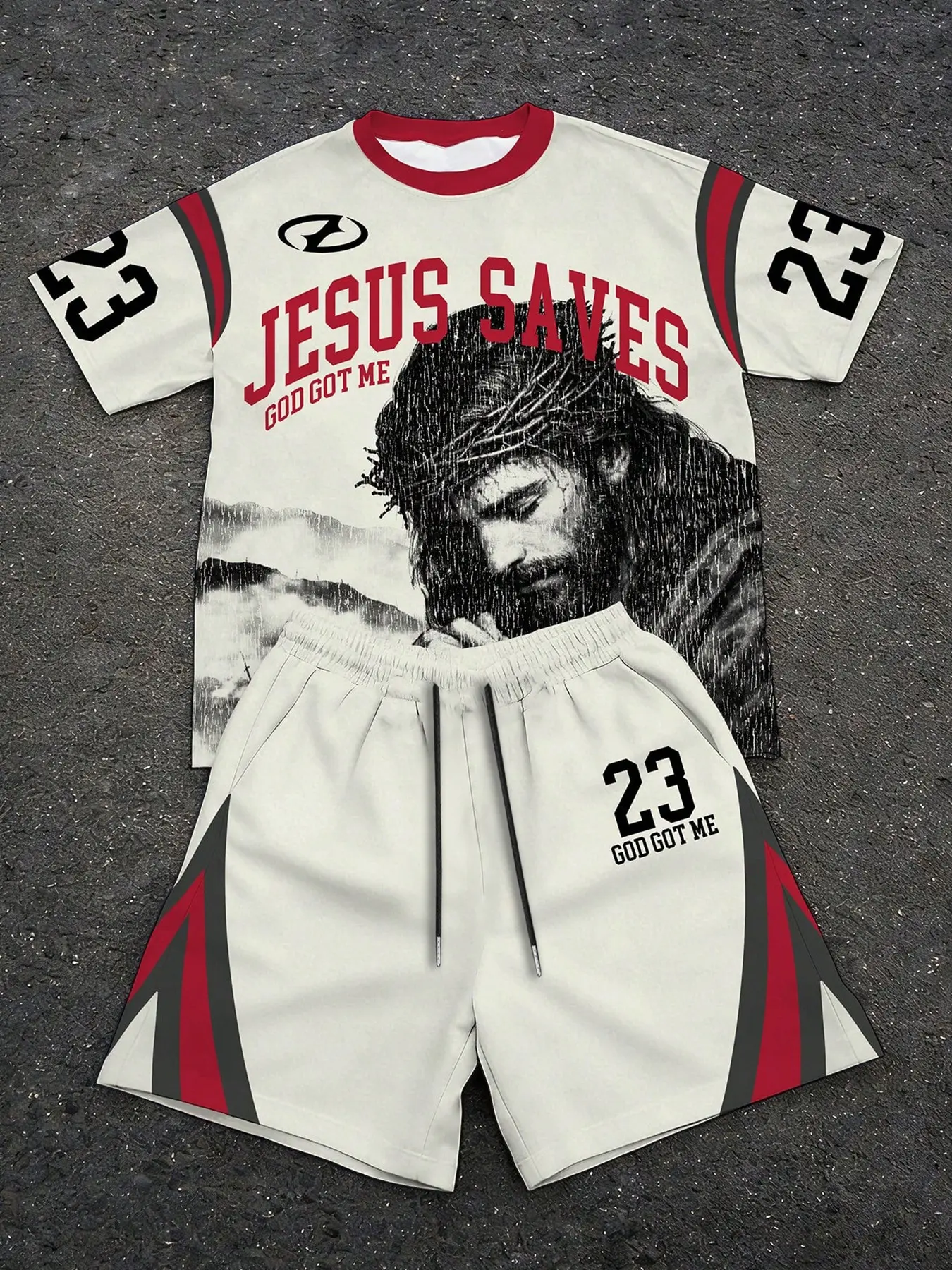 Men's Two-Piece Set Menswear Jesus Saves Christian Theme Graphic Print T-Shirt & Drawstring Shorts, Summer Casual Loose Fit Activewear Streetwear Clothes
