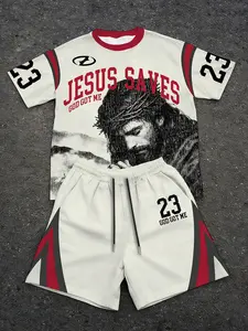 Men's Two-Piece Set Menswear Jesus Saves Christian Theme Graphic Print T-Shirt & Drawstring Shorts, Summer Casual Loose Fit Streetwear Clothes