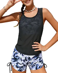 Girls 3 Piece Swimsuits Printed Teen Girl Swimwear with Drawstring 7-16 Years Sport Swimsuits with Shorts Cove Up Tankini Suit Set