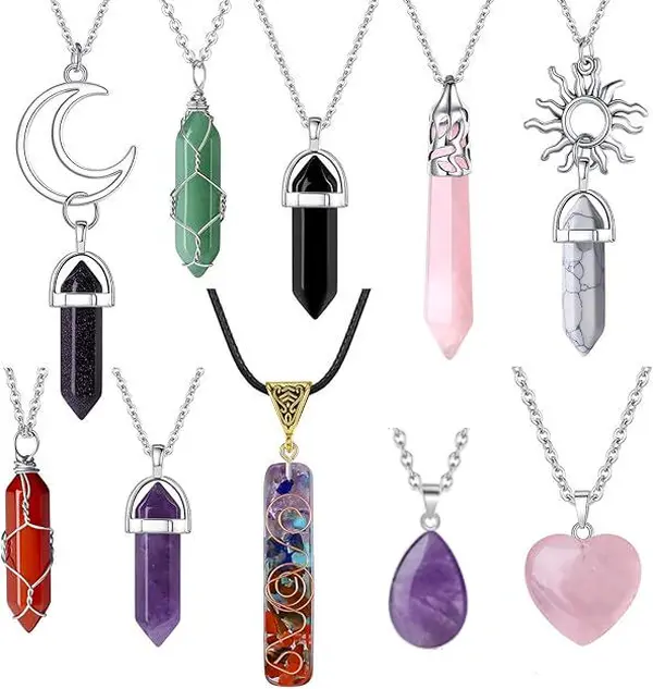 10 Pcs Crystal Necklace Healing Amethyst Crystals Carnelian Chakra Necklaces Evil Eye Necklace Vintage Hippie Wiccan Boho Rose Quartz Moon Sun Jewelry Heart Gemstone Pendant for Women