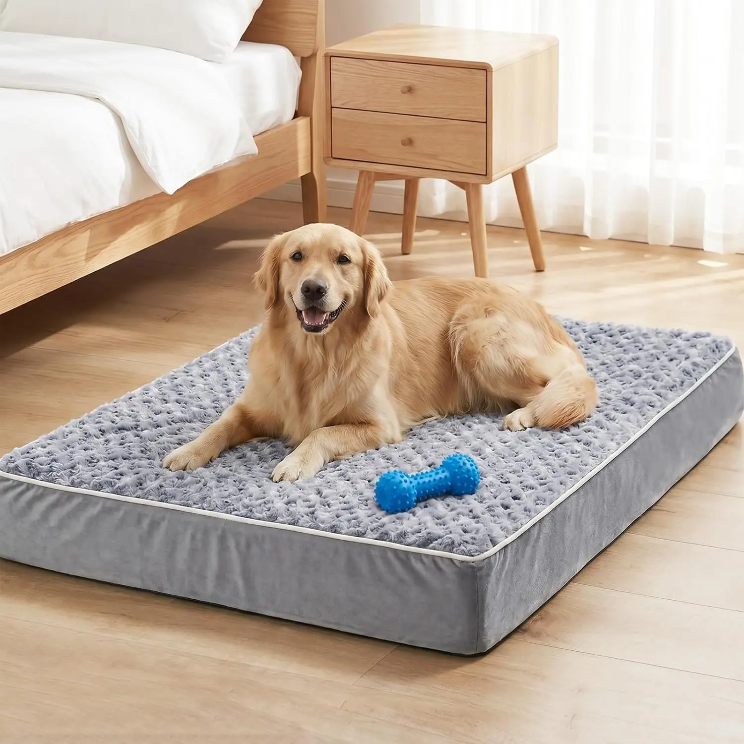 XL Orthopedic Dog Bed for Large Dogs - Waterproof, Anti-Slip Bottom, Removable Washable Cover, Egg Crate Foam, Soft Rose Plush Crate Mat