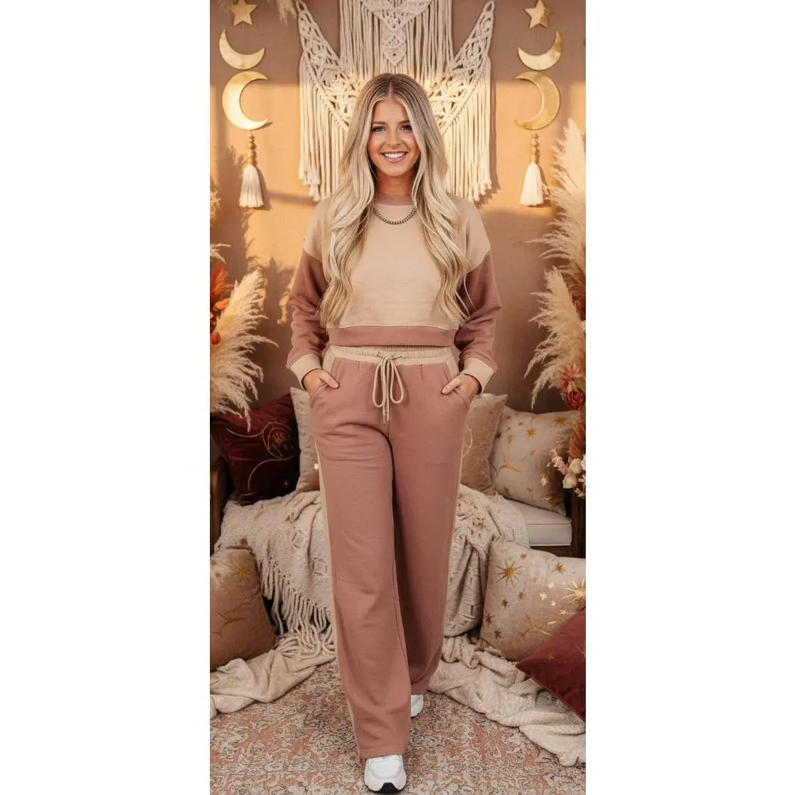 Khaki Color Block Crop Top & Drawstring Pant Set – Neutral Boho Two-Piece Outfit