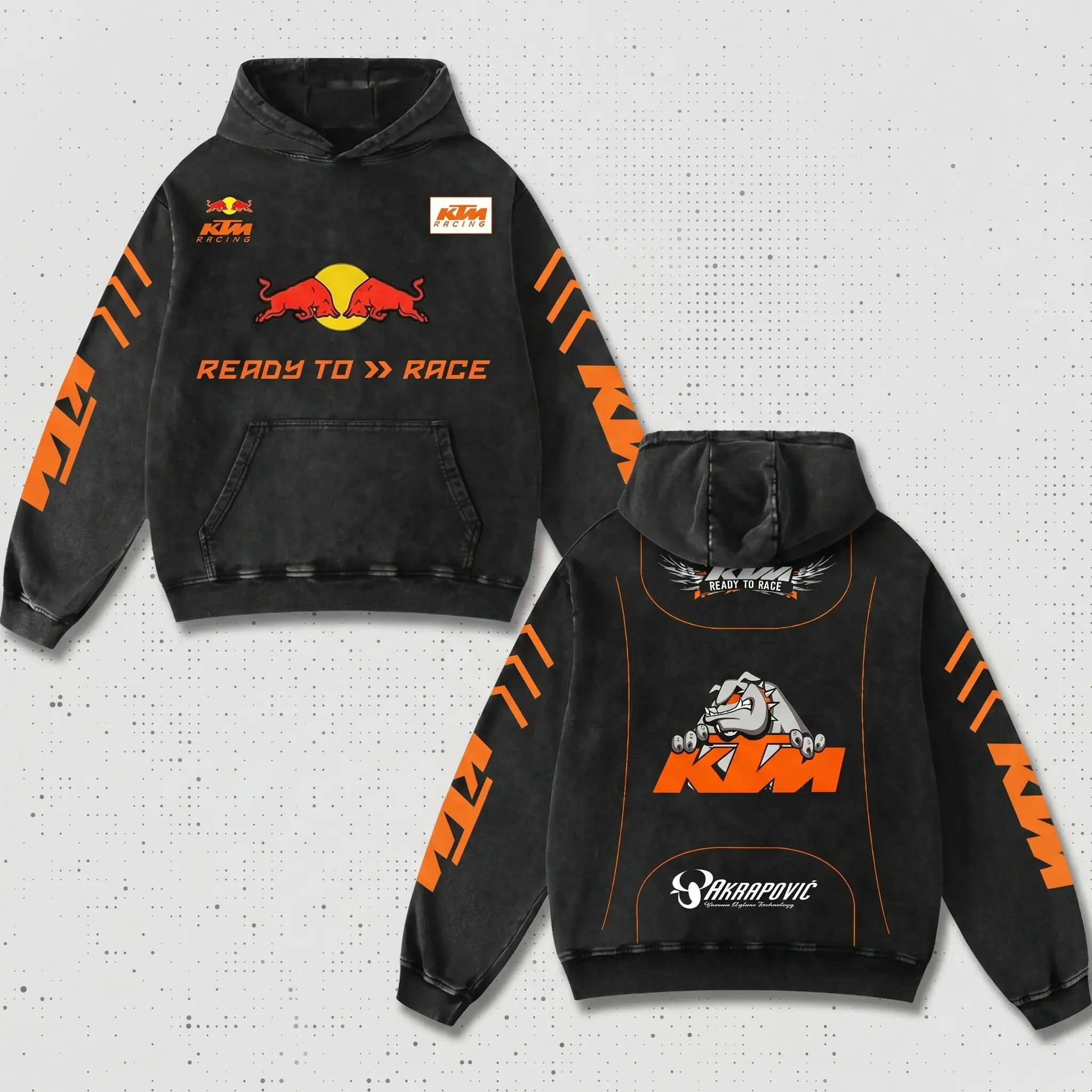 Retro Akrapovic x Redbull KTM Racing Hoodie Washed Black, MotoGP World Championship Enthusiast, Motorcycle Off Road Dirt Bike Graphic Streetwear, Heavyweight Biker Sweatshirt, Retro Moto Gear Motorbike Apparel Men’s Aesthetic Y2K Racing Jacket Style