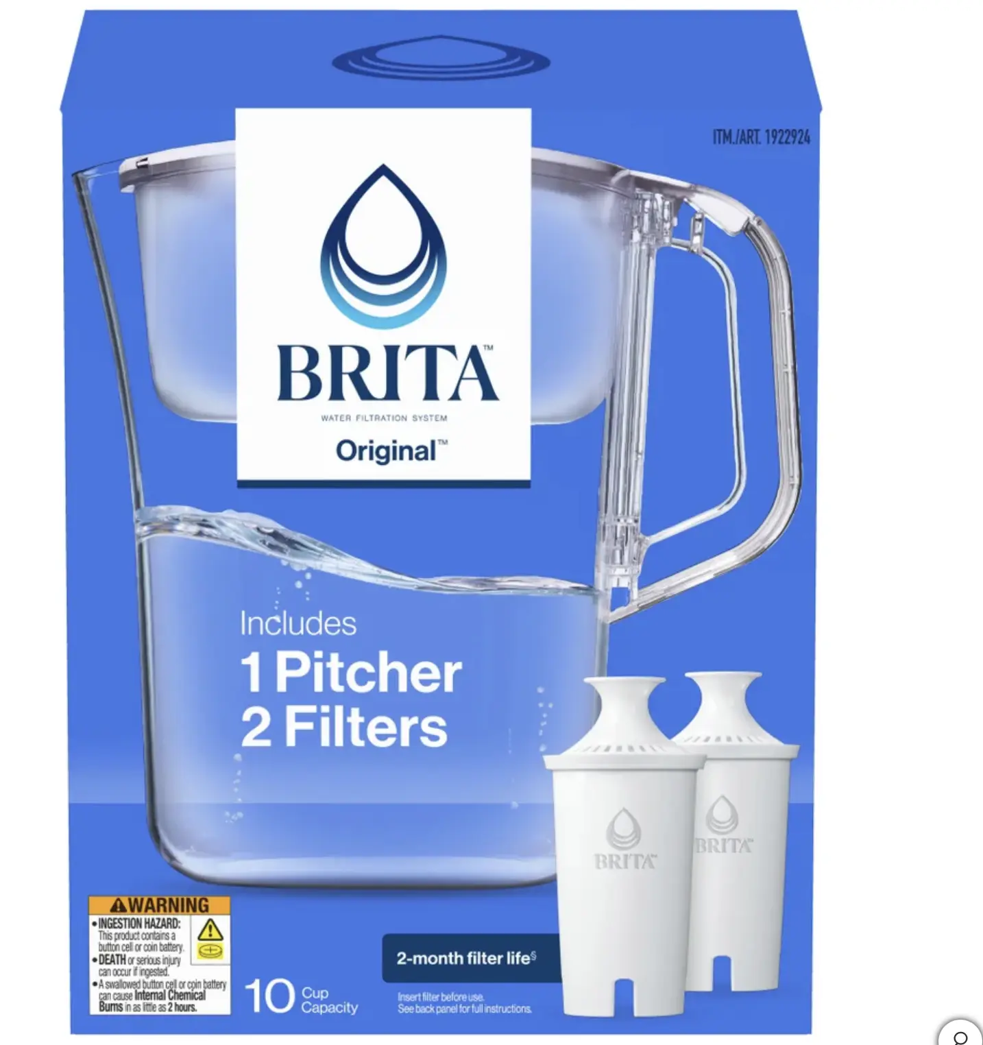 Brita Champlain Water Filter Pitcher, 10 Cup with 2 Filters Leakproof Jug Lid
