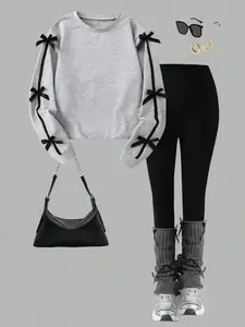 New Bow Tie Long Sleeve Sweatshirt for Women, Round Neck Loose Fit, Side Bow Decor, Slimming Concealing, Casual Commuter Wear
