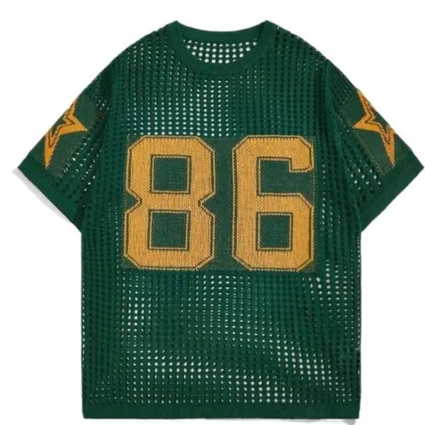 Men's Casual T-Shirt, Unisex Short-Sleeve Jacquard Hollow-Out Knit Pullover with Number Graphic - Baggy Mensfashion Top, Shortsleeve, Knit Design,back to school,back to school shopping, Streetwear