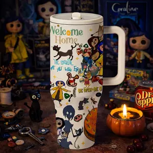 AuraCup 1pc 40oz Coraline Durable Insulated Tumbler with Handle and Lid, Spooky Cat Pattern Stainless Steel Mug, Double Wall Vacuum Cup Keeps Cold 12 Hours Hot 6 Hours, Large Capacity Coffee Water Bottle for Halloween Gift, Daily Use