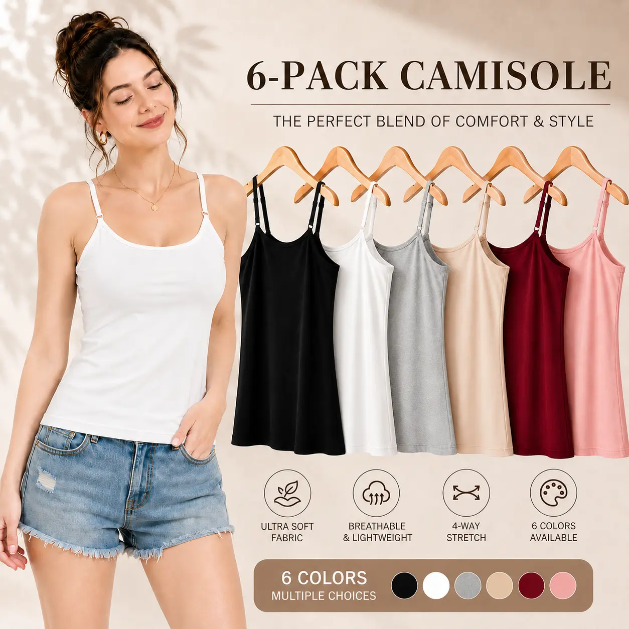 【6 Pack】Women’s Camisole Tank Tops  Basic Spaghetti Strap Cami Sleeveless Summer Y2K Layering Shirt Soft Stretch Fitted Undershirt Casual Lounge Top for Daily Wear Vacation Streetwear Workout Beach Travel Trendy Fashion Clothes Breathable Cute Outfits