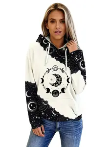 Women's Colorblock & Moon Print Drop Shoulder Long Sleeve Fitted Knit Hoodie Pullover, Fashion Casual Drawstring Pocket Hooded Sweatshirt for Daily Holiday Outdoor Wear, Ladies Tops for All Seasons