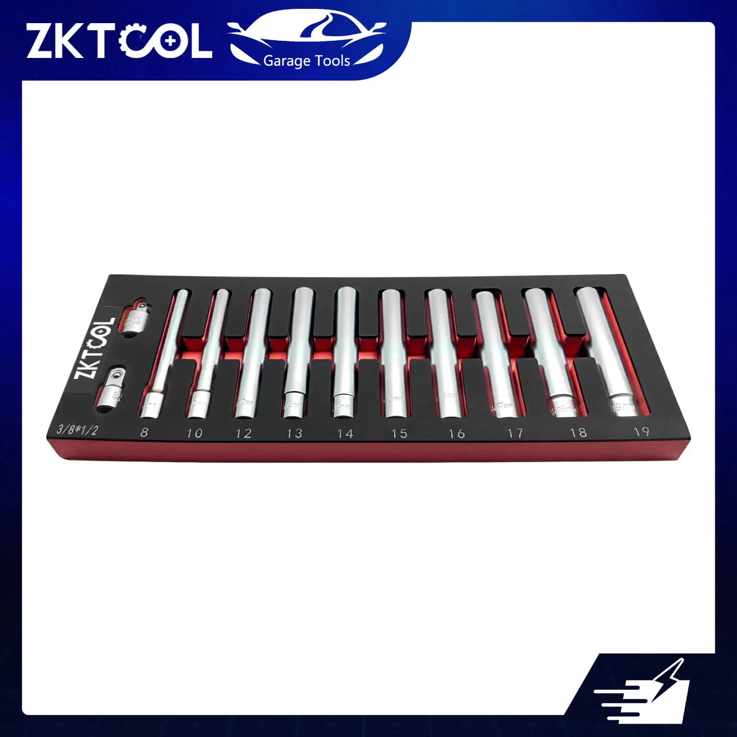 ZKTOOL 12PCS Deep Metric Socket Set 1/2 3/8-Inch Drive 6PT 8-10-12-13-14-15-16-17-18-19MM With 1/2 3/8-Inch Adapter- Extra Long Deep 120MM