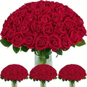 50pcs Valentine's Rose Artificial Flower Bouquet, Faux Rose Bouquet, Realistic Blue Long Stem, Wedding Home Fall Halloween Christmas Decor