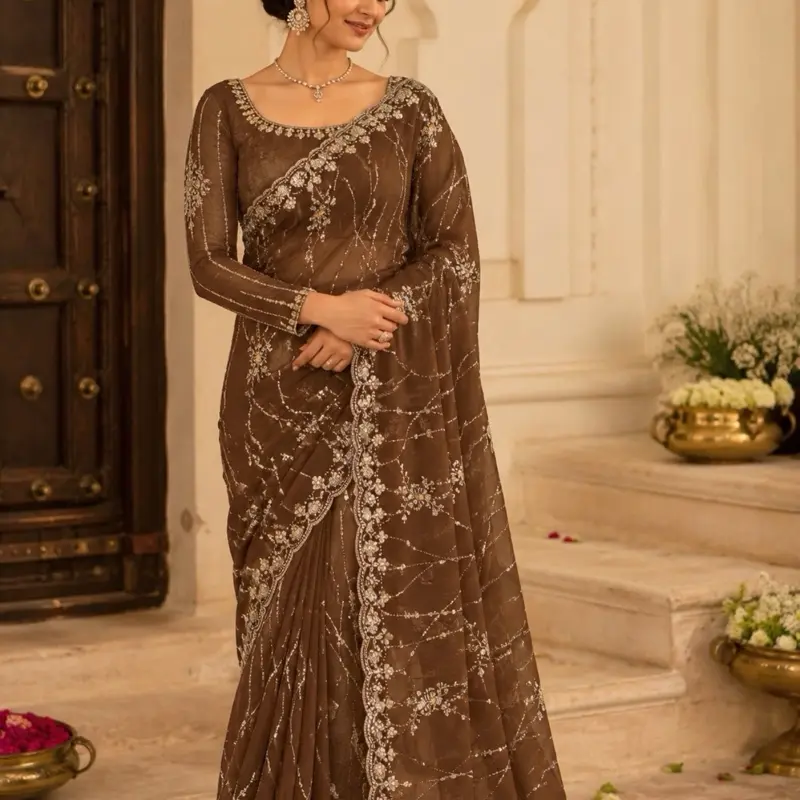 Women's Solid Chocolate Brown Indian Wedding Saree - Formal Wear Piece with Hand-Worked Beads, Sequin Style, Heavy All-Over Fendy Satin Fabric
