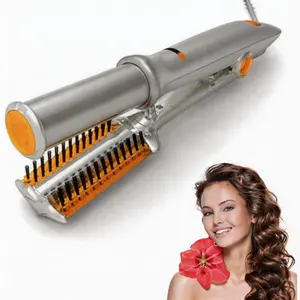 Women's Gold 2-in-1 Ceramic Rotating Roller Hair Curler-Straightener with 3 Temp Settings, Adjust Heat Control, Dry & Wet Easy Styling, Lightweight Comb Handle, Travel-Friendly Universal Voltage Volumizing Tool for Curly Hair