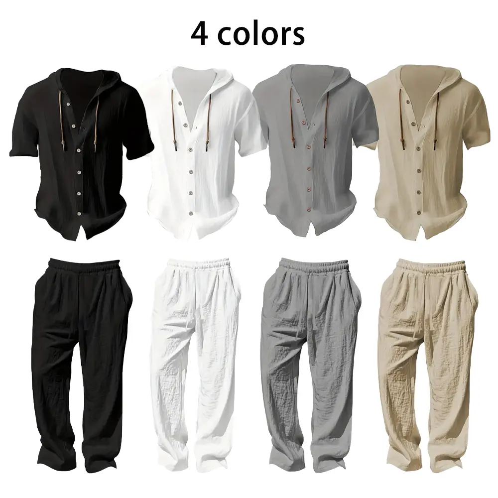 Men’s cotton-linen casual hooded short-sleeve top and long pants set, vacation style, suitable for autumn and summer; lightweight and comfortable—ideal for golf, running, yoga, training, hiking & outdoor activities, fishing, everyday wear, and leisure.