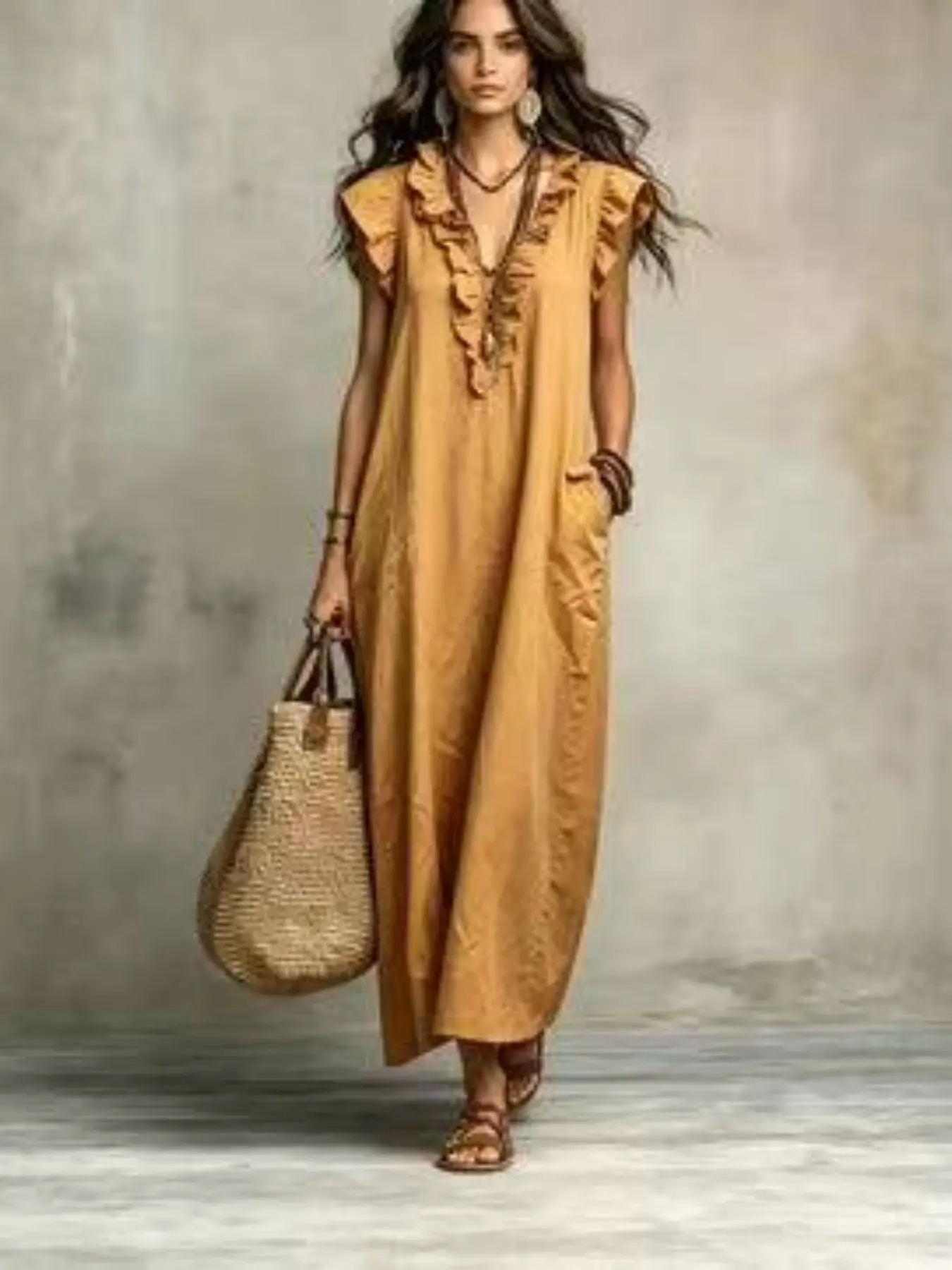New Bohemian Boho Vibe Ruffle Flutter Sleeve Floor-Length Feminine Dress for Spring and Summer, Stylish Long Skirt, Perfect for Casual Wear, Bohemian Style Dress