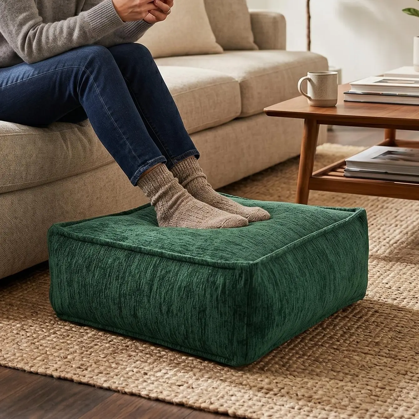 Unstuffed Storage Ottoman Cover - Modern Square Pouf Cover with Bottom Zipper, Thickened Fabric Floor Cushion Footrest for Minimalist Home Decor