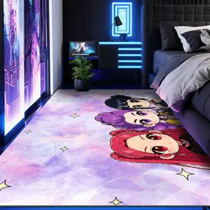 KPOP Demon Hunters Anime Character Pattern Exquisite Square Printed Velvet Carpet, Versatile Decor for Home & Commercial Indoor Use, Multiple Sizes Available, Machine Washable, Soft & Non-shedding, Convenient & Practical