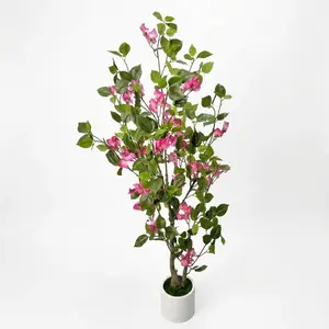 Lifelike Indoor/Outdoor Artificial Bougainvillea Tree with White Pot – 120cm Tall, 5-Branch Multi-Stem, Realistic Maintenance-Free Faux Plant for Living Room, Office, Patio, Detachable Design