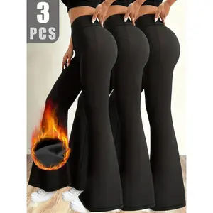 3-Pack Women’s Black Fleece-Lined Wide-Leg Pants — Ultra-comfortable winter lounge trousers with pockets; warm long black pants suitable for running, dancing, fitness, yoga, and autumn wear; high-waisted design that enhances warmth around the hips.