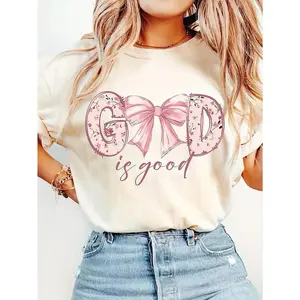 [100% Cotton] 1pc Women's Vintage Christian "God Is Good" Bible Verse T-Shirt with Floral Bow Design, Soft Round Neck Short Sleeve, Machine Washable Beige Casual Top for Mother's Day, Father's Day & All Festivals  Golf Gift T-Shirt For Men and Women