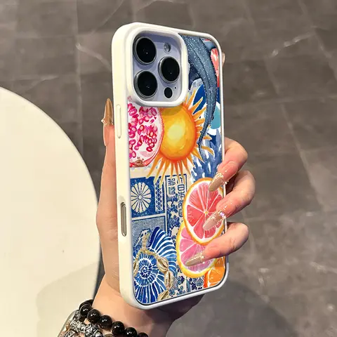 Magnetic Silicone TPU Shockproof Protector Phone Case for Multiple iPhones (17,16 E Pro Max,15 Plus,14,13,12,11,XS,XR) - Aesthetic Coquette Sun & Citrus Collage Style, Lightweight, Girly Look, Phone Accessory