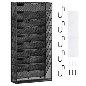 VEVOR Hanging Wall Files Organizer, 10-Tier Vertical Wall File Holder, Metal Wall Mounted Magazine Mail Paper Document Storage Folder, with Nametag Label, Bottom Flat Tray, for Office Home & School