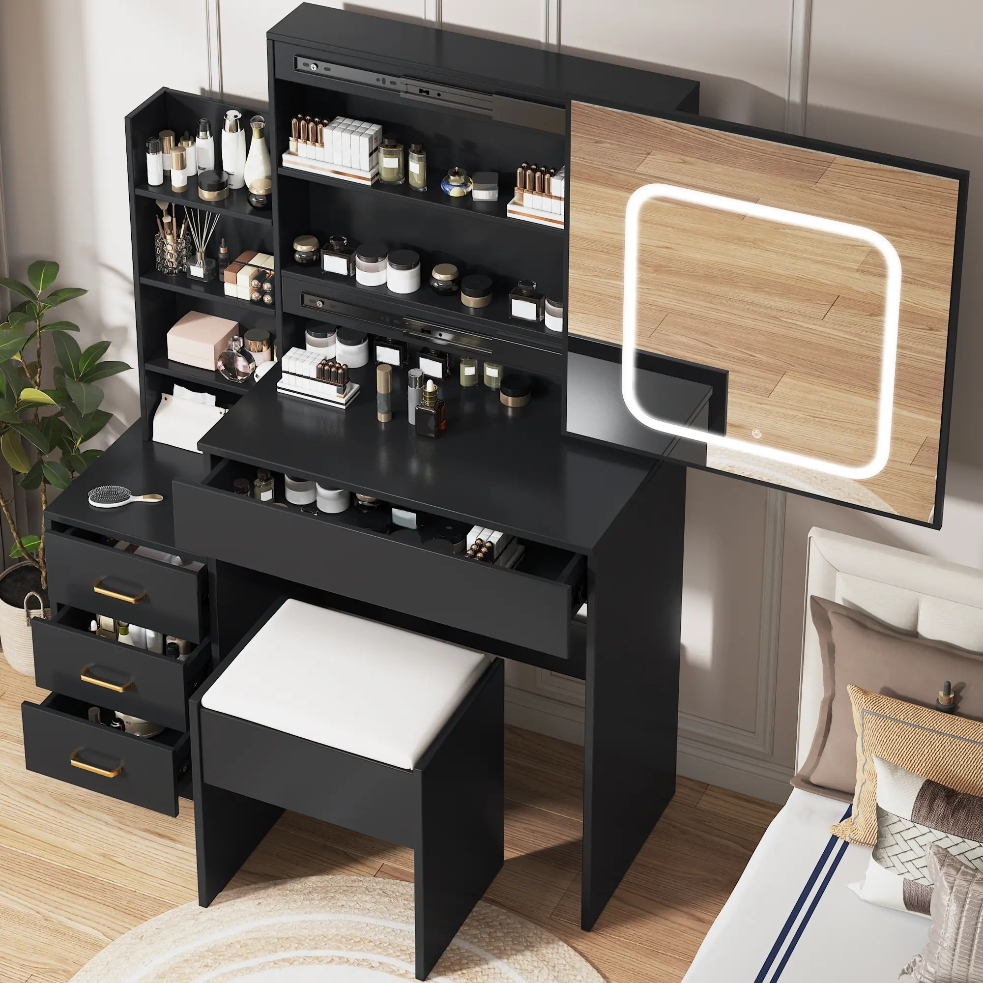 Vanity Desk with Sliding LED Mirror, 4 Drawers, Power Outlet, Storage Shelves, Adjustable 3-Color Lighting, Stool – Modern Makeup Dressing Table for Bedroom – White/Natural/Marble-Black & White, Led Lights, Makeup Vanity Desk, Vanity With Chair, Adults Be