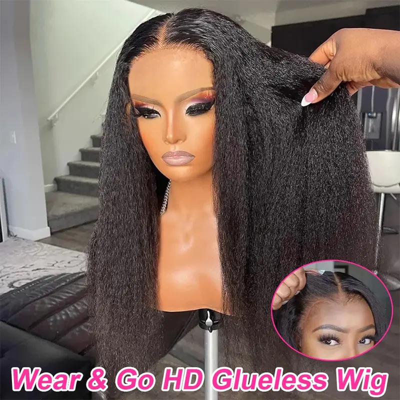 FACMOOD Women's 250% Density Glueless Kinky Straight 100% Brazilian Human Hair Wig, 13x6 HD Lace Frontal Wig with Pre-Cut 7x5 Wear-and-Go Yaki Design On Sale, Human Hair Wigs, 13X6 Human Hair Wig