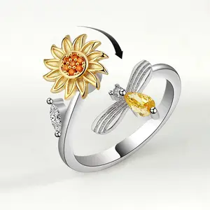 VENTFILLE 925 Sterling Silver Sunflower Diamond Zircon Rotatable Ring For Women Gift Relieve Stress Ring Jewelry