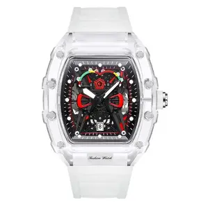MC Ultra Luxury Sport Men's Watch Transparent Case Tonneau Design Barrell Case Chronograph White Silicone Band Fashionable Active Men's Timepiece Men's Luxury Barrel Skeleton Watch