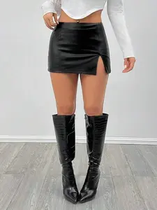 Women's PU High Stretch Leather Low Waist Fitted Mini Skirt, Casual Fashionable Elegant Design, Comfortable Fit for Daily Wear & Special Occasions