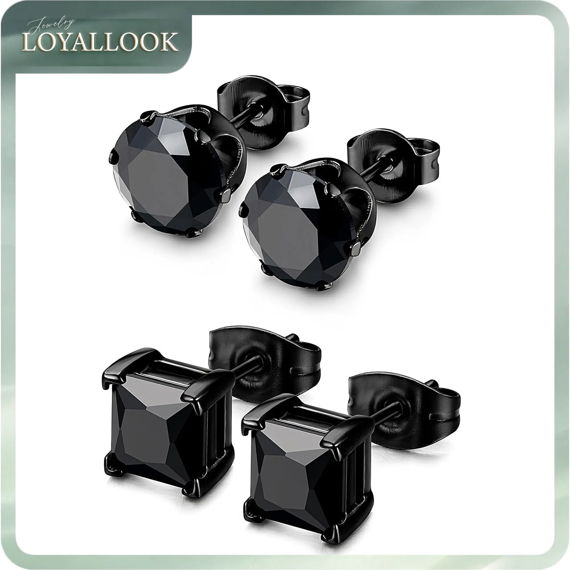 LOYALLOOK 2Pairs Hypoallergenic Black Stud Earrings for Men Women 316L Stainless Steel Square Round CZ Mens Earrings Studs Jewelry Set for Sensitive Ears 3-8MM Black Silver