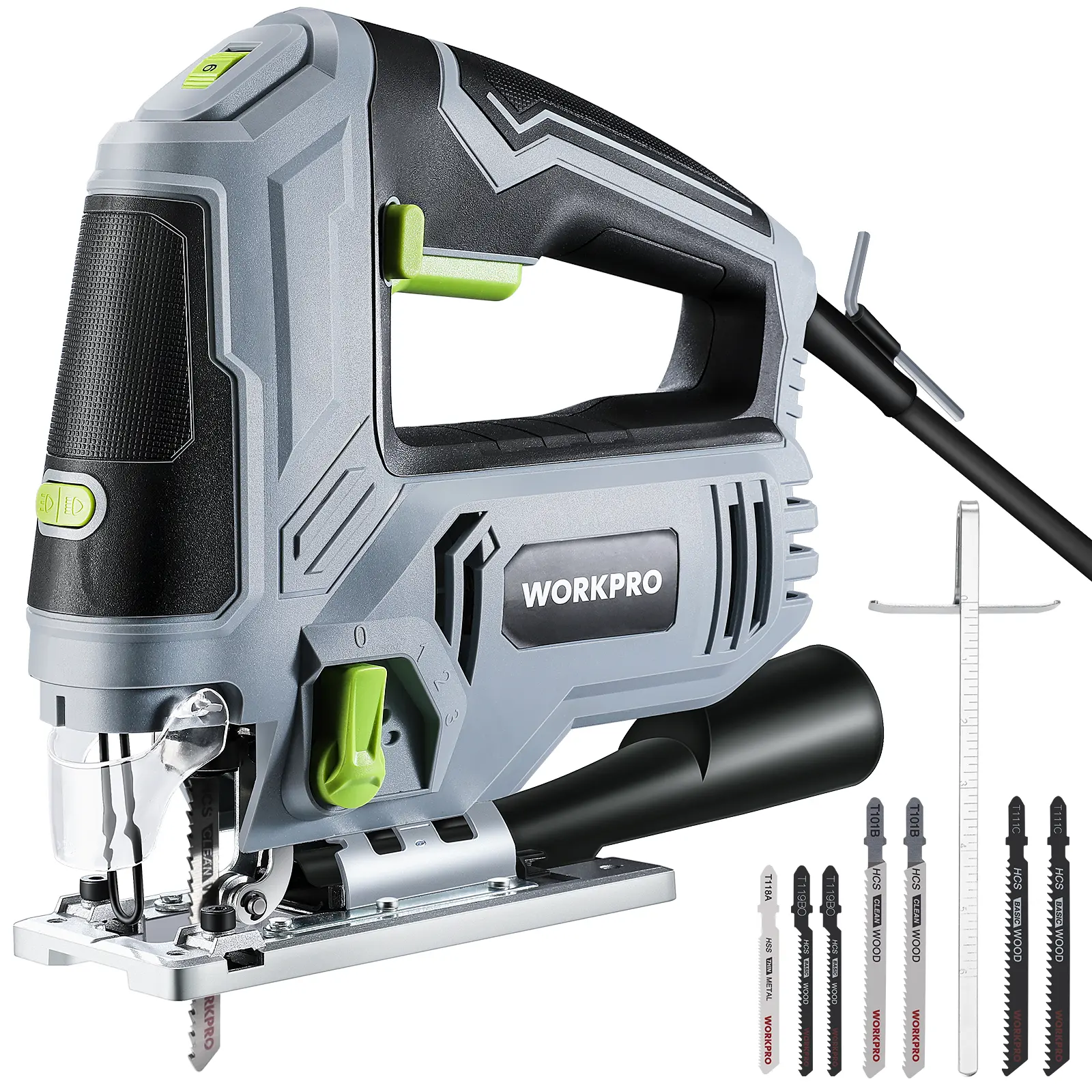 #summersale WORKPRO Jigsaw, 6.5AMP 850W Corded Electric Jig Saw Tool Kit with 6 Variable Speeds, 7 Blades, ±45° Bevel Cutting, LED Light, 3000 SPM, 4 Orbital Settings, Edge Guide, Tool-free Blade Changing
