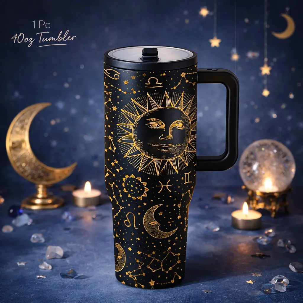 1 Pc 40oz insulated mug, Insulated Travel Drinkware, zodiac sun moon stars design, stainless steel vacuum mug, double wall thermal cup, leakproof lid, large capacity tumbler for hot cold drinks, gift for women men, office car gym travel use