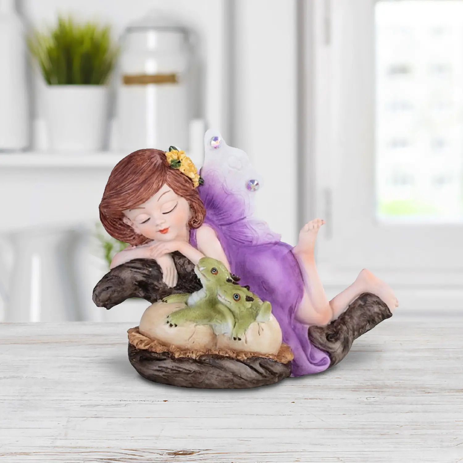4.75"H Purple Fairy with Two Cute Dragons Hatchling in Egg Statue Fantasy Decoration Figurine