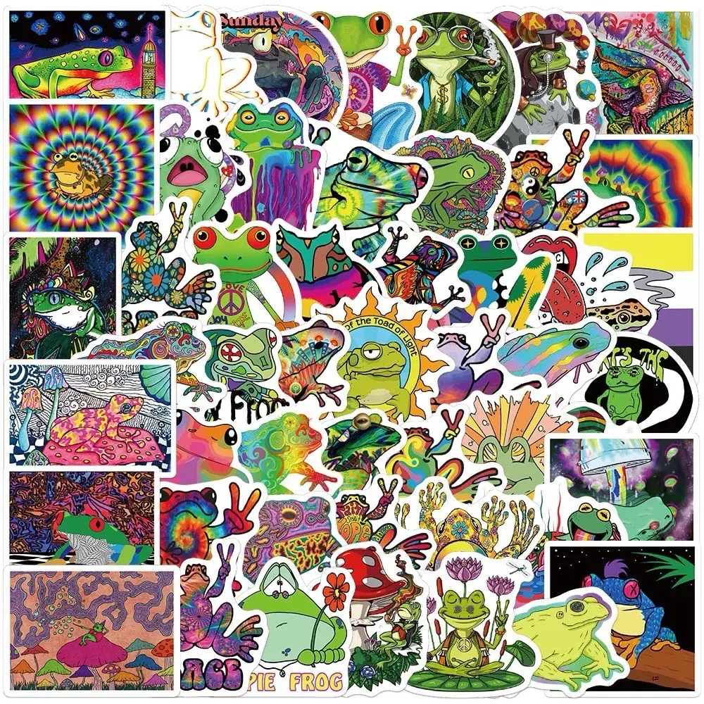 50 Pack of Cute Colorful Psychedelic Hippie Frog Stickers. No Duplicates and Waterproof.