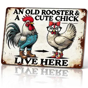 An Old Rooster & A Cute Chick Live Here Funny Chicken Metal Sign 12x8 In Aluminum, Vintage Farmhouse Tin Sign for Coop, Farm, Home Decor, Retro Chicken Wall Art for Chicken Lover, 12x8 Inch Aluminum Sign