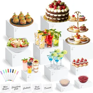 6PCS White Acrylic Buffet Risers with Mini Sign and Maker, Food Display Stands for Buffet Table Party Catering Dessert Jewelry Collectibles,Nesting Cube Boxes with Hollow Bottoms (8",7",6",5",4",4")