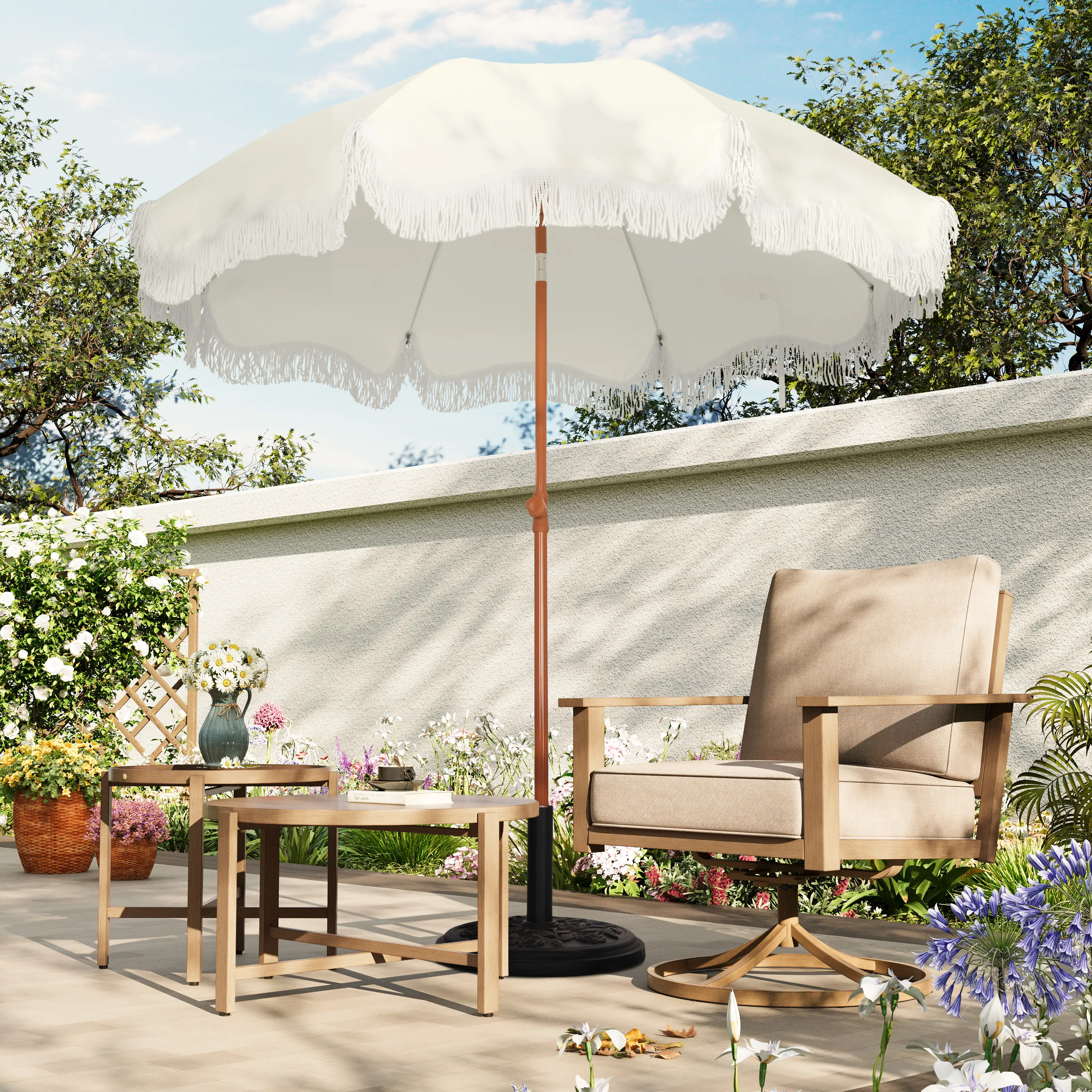 PHIVILLA 7ft Beach Umbrella with Fringe & Sand Anchor, Outdoor Patio Heavy Duty Windproof Portable Tassel Umbrellas for Sand with Push Button Tilt & Carrying Bag, without Base[live]