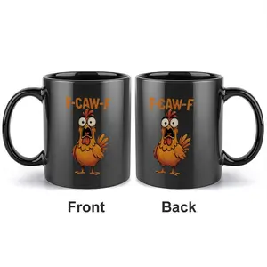 Funny F-CAW-F Rooster Coffee Mug, 11oz Black Ceramic Double-Sided Printed Cup, Hilarious Offensive Pun Gift for Adults, Coffee Lovers, Pranksters, Birthday & White Elephant Present