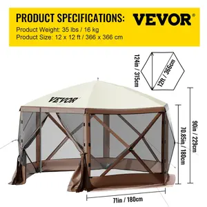 VEVOR Gazebo Screen Tent, 12x 12 ft, 6 Sided Pop-up Camping Canopy Shelter Tent with Mesh Windows, Portable Carry Bag, Ground Stakes, Large Shade Tents for Outdoor Camping, Lawn and Backyard