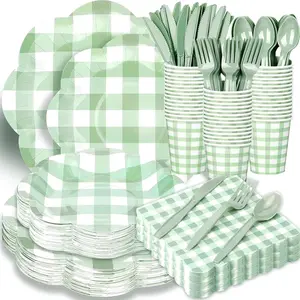 175pcs Gingham Party 25 Piece Dinnerware Set Sage Green Gingham Paper Plates and Napkins Knives Spoons Forks Cups Disposable Party Utensils for Baby Shower Birthday Picnic Wedding