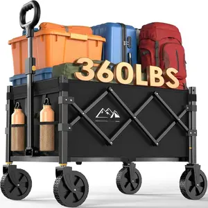 Collapsible Wagon Cart with Wheels Foldable, 360LBS Large Capacity Portable Folding Utility Heavy Duty Beach Wagons Cart with -Terrain Wheels for Groceries Shopping, Camping, , Garden