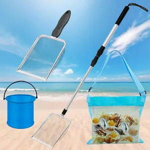 4pcs Shelling Scooper Tools for Beach, Adjustable Shark Tooth Sand Sifter with Mesh Shell Collecting Bag Foldable Beach Bucket Beach Scoop Shovel Toys for Adults Kids Picking Seashell Rock Hunting(B)