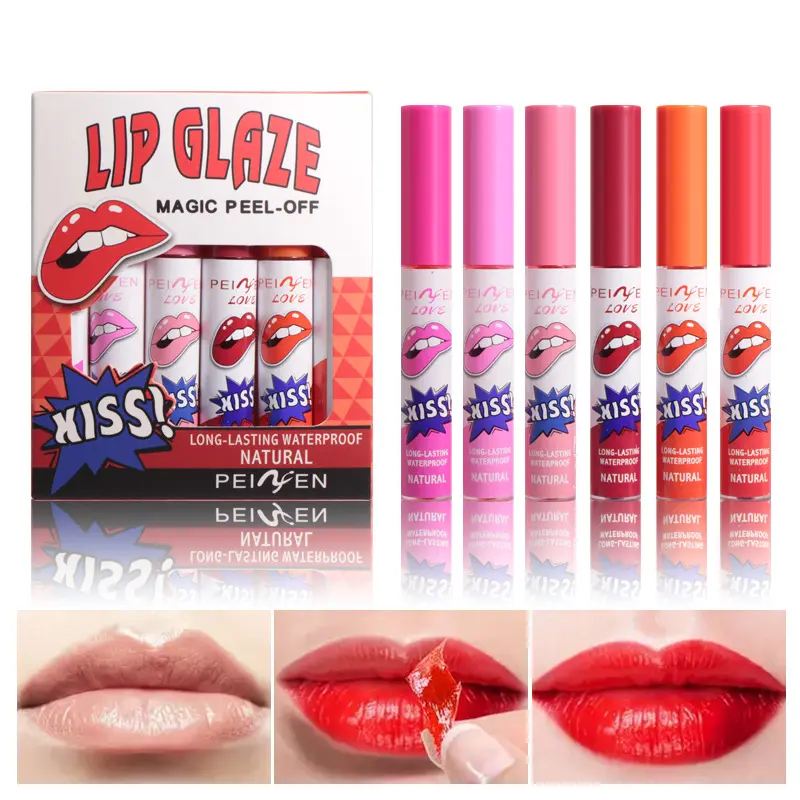 6-Piece Peel-Off Lip Stain Set, Long-Lasting Waterproof Matte Lip Color with Precision Brush, Makeup Gift for Women, Lippie Stick